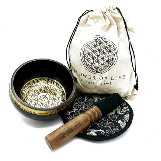 Flower of Life Hand Beaten & Engraved Meditation Singing Bowl Gift Set