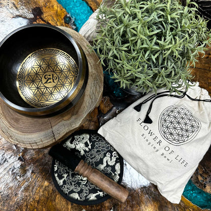 Flower of Life Hand Beaten & Engraved Meditation Singing Bowl Gift Set