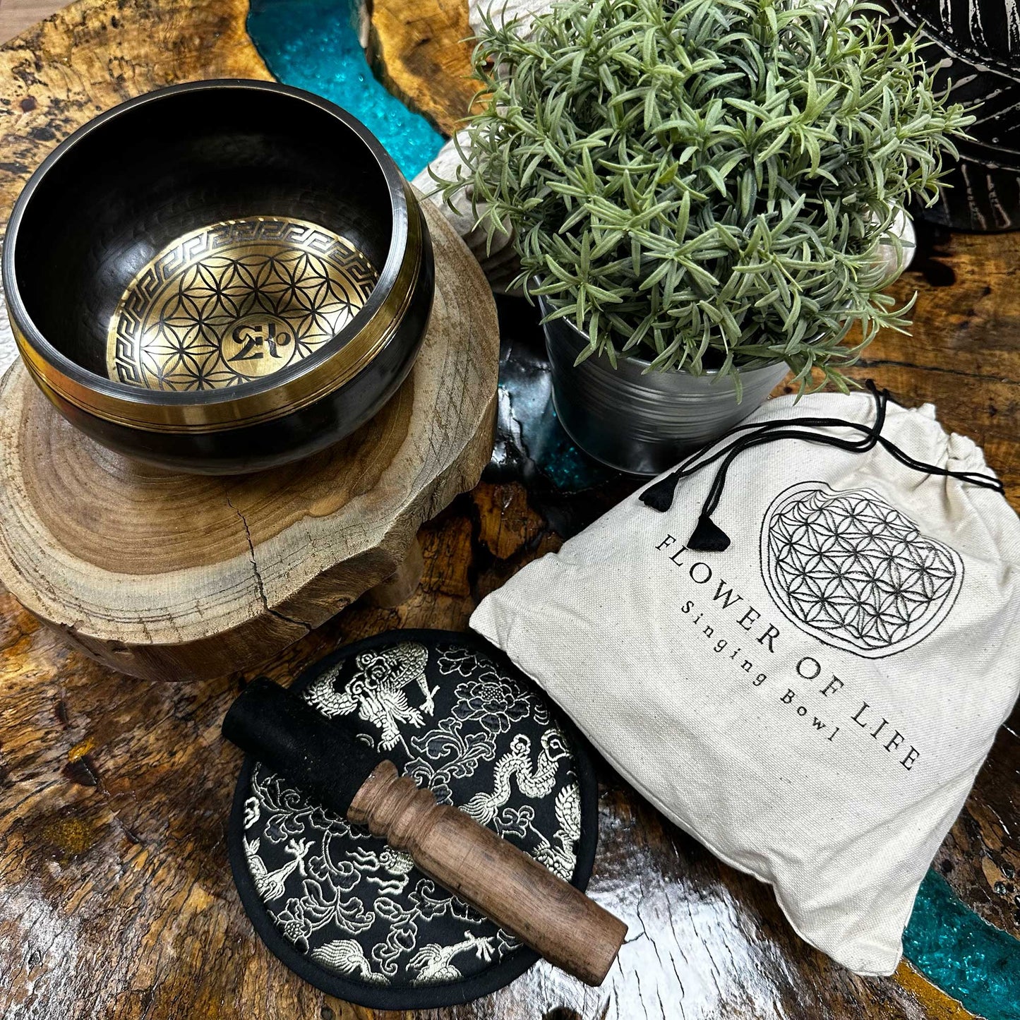 Flower of Life Hand Beaten & Engraved Meditation Singing Bowl Gift Set