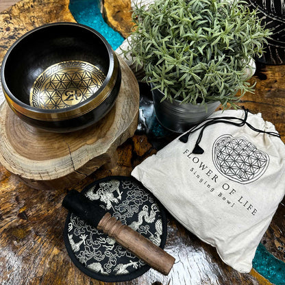 Flower of Life Hand Beaten & Engraved Meditation Singing Bowl Gift Set