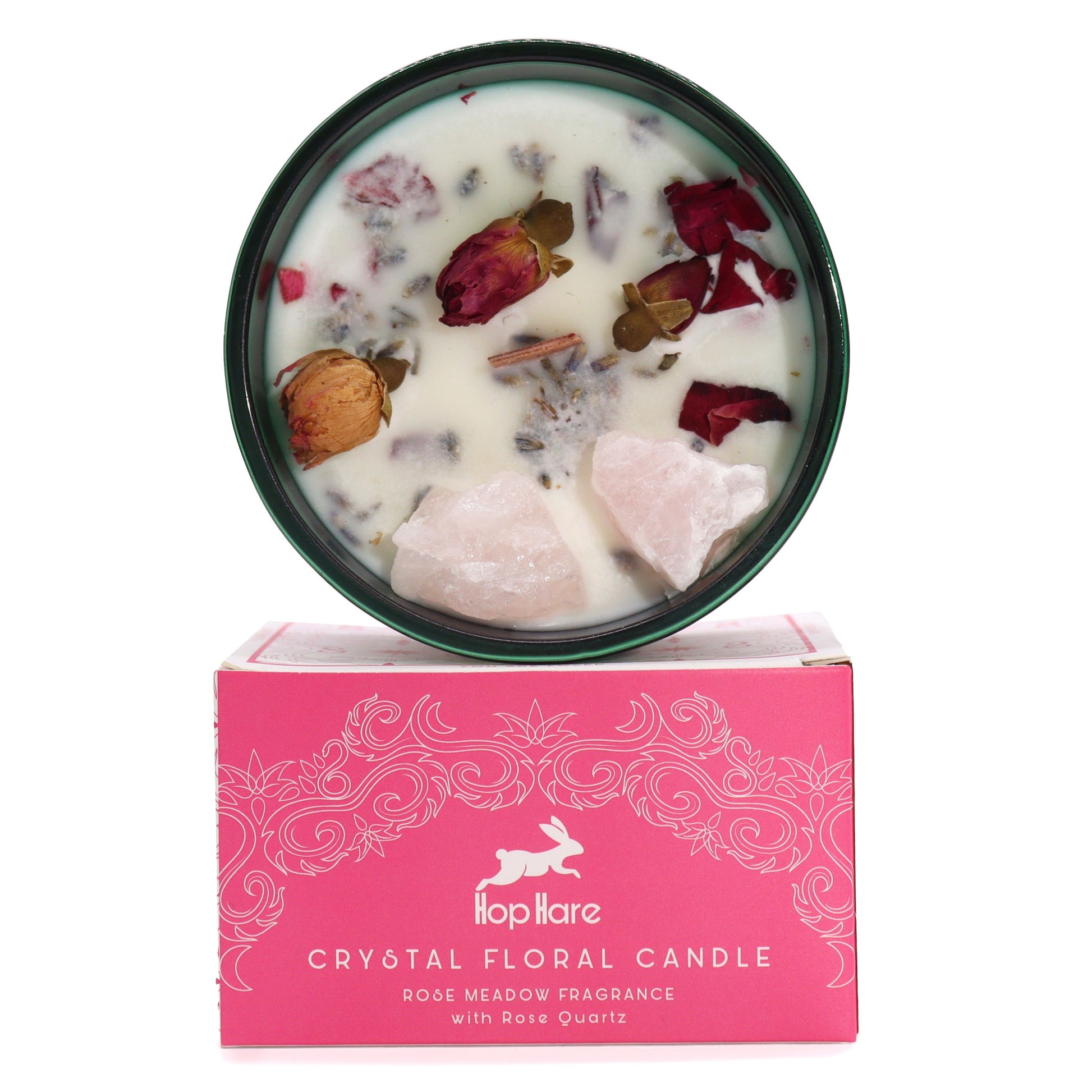 Crystal floral candle with rose petals and stones on a pink box labeled Hop Hare