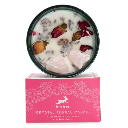 Crystal floral candle with rose petals and stones on a pink box labeled Hop Hare